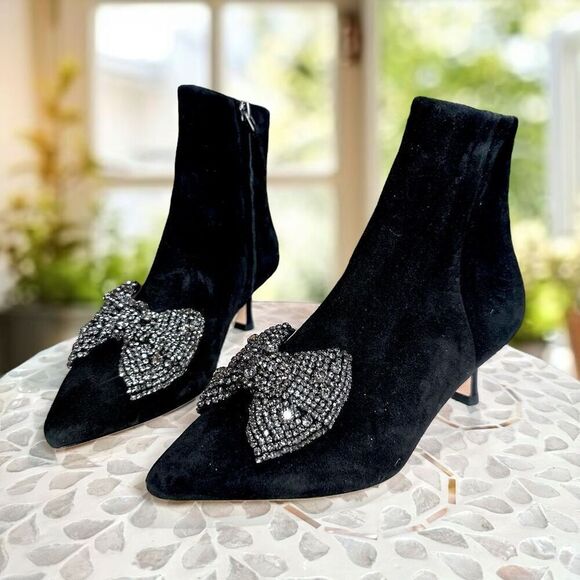 Tory Burch $498 Embellished Crystal Bow Leather Suede Ankle Booties Boots Shoes - Picture 2 of 15
